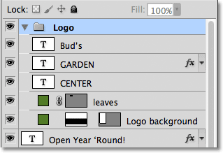 The Layers panel displaying the layers that make up the Logo group. 