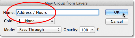 Entering a name for the new layer group. 