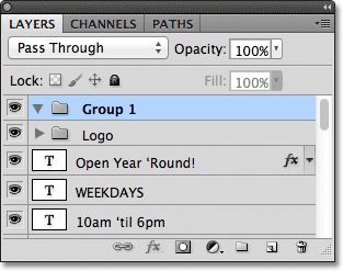 A new layer group named Group 1 is added to the Layers panel. 