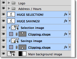 Selecting multiple layers in the Layers panel in Photoshop. 