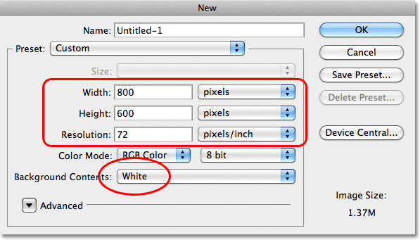 The New Document dialog box in Photoshop. Image © 2011 Photoshop Essentials.com