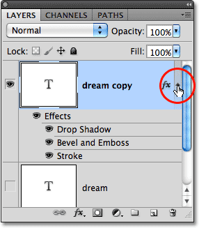 قائمة تأثيرات الطبقة في لوحة Layers. 