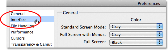 Photoshop Interface preferences category. 