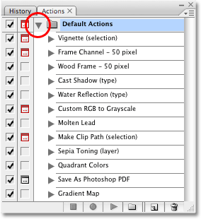 The actions inside the Default Actions folder in Photoshop CS3. 