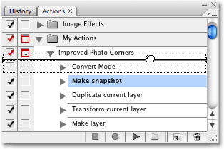 Dragging the 'Make snapshot' step above the 'Convert Mode' step in the Actions palette in Photoshop. 