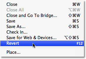 Choosing the Revert command from the File menu in Photoshop. Image copyright © 2008 Photoshop Essentials.com