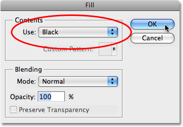 Selecting black in the Fill dialog box in Photoshop. 