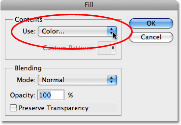 Choosing 'Color' from the list in the Fill dialog box. 