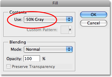 The Fill command dialog box in Photoshop. 