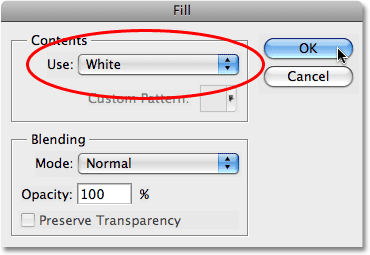 Selecting white from the drop-down box in the Fill dialog box in Photoshop. 