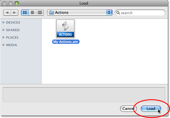 Selecting the action set to load into Photoshop. 