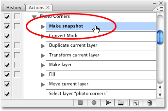 Clicking on the 'Make snapshot' step in the Actions palette to select it. 