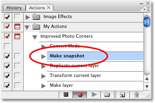 A new 'Make snapshot' step now appears in the Actions palette in Photoshop. 