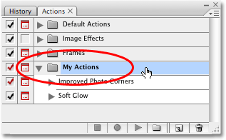 valg af 'mine handlinger' indstillet inde i Handlingspaletten i Photoshop.'My Actions' set inside the Actions palette in Photoshop. 