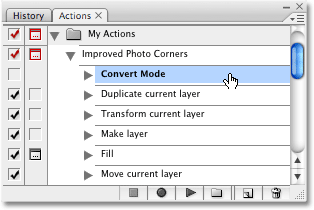 Selecting the first step in the Improved Photo Corners action. 