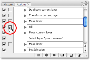 Toggling the dialog box on for the first Fill step in the Improved Photo Corners action in Photoshop. 