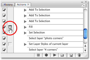 Toggling the dialog box on for the second Fill step in the Improved Photo Corners action in Photoshop. 