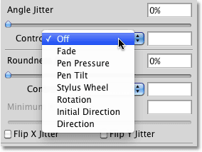 The options for controlling the Angle of the brush in Photoshop. 