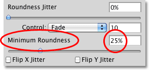 The Minimum Roundness option in the Shape Dynamics section of the Brushes panel in Photoshop. 