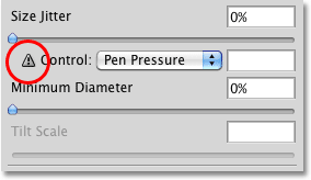 A warning box inside the Shape Dynamics controls in the Brushes panel in Photoshop. 