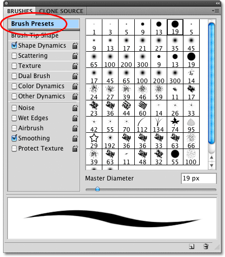 The Brushes panel in Photoshop. 