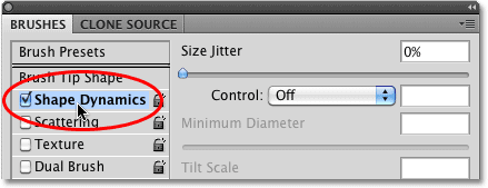 Selecting Shape Dynamics in the Brushes panel in Photoshop. 