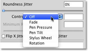 The Roundness controls in the Shape Dynamics section of the Brushes panel in Photoshop. 