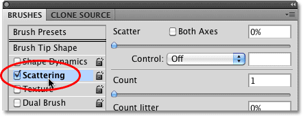 The Scattering options in the Brushes panel in Photoshop. 