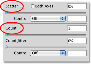 The Scatter and Count sections for the Scattering brysh dynamics in Photoshop. 