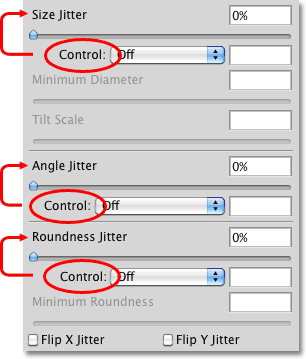 The Control options for the Size, Angle and Roundness sections of Shape Dynamics. 