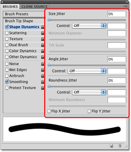 The Shape Dynamics options in the Brushes panel in Photoshop. 