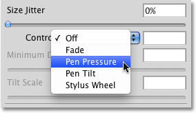 Selecting Pen Pressure for the Size Control option in the Brushes panel. 