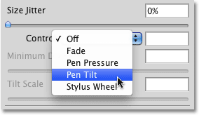 Selecting Pen Tilt for the Size Control option in the Brushes panel. 