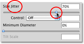 The Size Jitter slider in the Shape Dynamics section of the Brushes panel in Photoshop. 