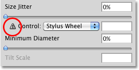 A warning icon appears when I choose Stylus Wheel. 