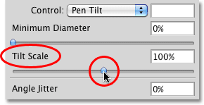 The Pen Tilt Scale option in the Shape Dynamics section of the Brushes panel in Photoshop. 