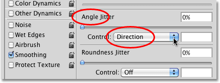 Changer l'option de contrôle de l'angle en Direction dans le panneau Pinceaux dans Photoshop.