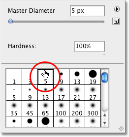 Sélection d'un pinceau dans le sélecteur de préréglage de pinceau dans Photoshop.