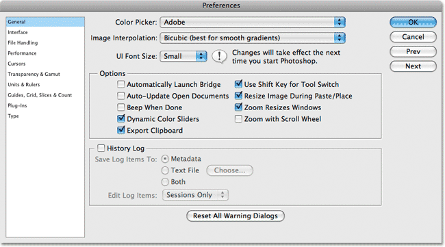 Photoshop CS3's General Preferences dialog box. 