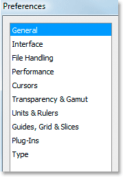 The list of categories along the left side of the Preferences dialog box. 