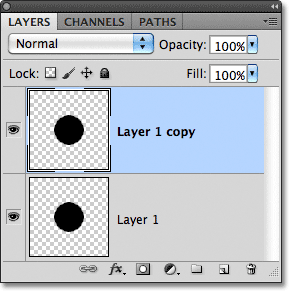 Kopia warstwy 1 pojawia się w panelu Layers (Warstwy) w Photoshopie.