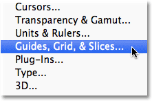 Wybieranie w Photoshopie opcji Prowadnice, Siatka plasterków Preferencje.'s Guides, Grid & Slices Preferences. 