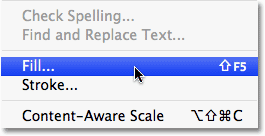 Selecting the Fill command in Photoshop. 