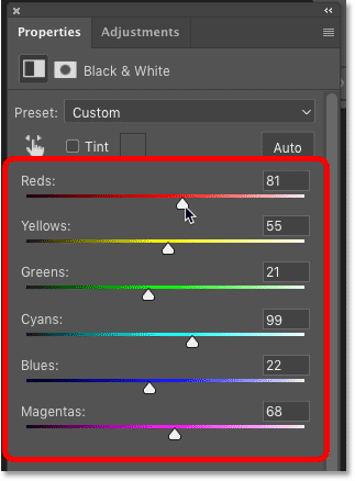 The selection outline has been converted to a layer mask for the Black & White adjustment layer