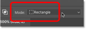 Setting the Object Selection Tool mode to Rectangle in Photoshop CC 2020.