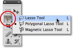 أدوات lasso الثلاثة في لوحة Tools في Photoshop. 