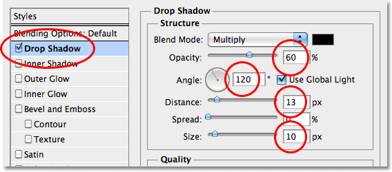 Drop Shadow layer style options in Photoshop. 