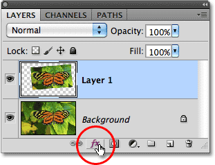 The Layer Styles icon in the Layers panel in Photoshop. 