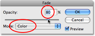 Adjusting the previous edit with the Fade command in Photoshop. 