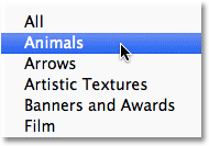 Selecting the Animals shape set in Photoshop. 